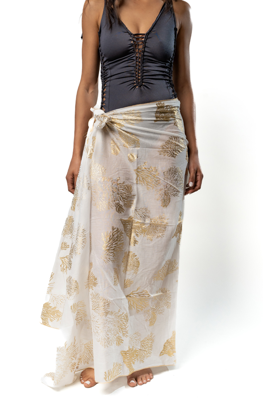 Close-up of the waist tie and printed pattern on a cotton pareo skirt.