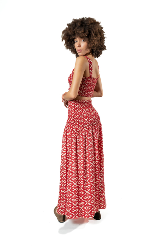 Back view of model in red ethnic print co-ord set – crop top and flowy maxi skirt boho outfit"