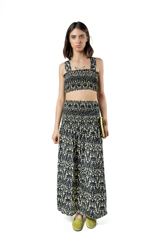 Boho chic two-piece set with black and beige printed crop top and maxi skirt - front view"