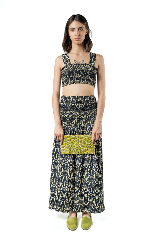 Boho chic two-piece set with black and beige printed crop top and maxi skirt - front close-up