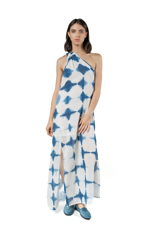 Front view of one-shoulder maxi dress in indigo and white diamond tie-dye pattern.