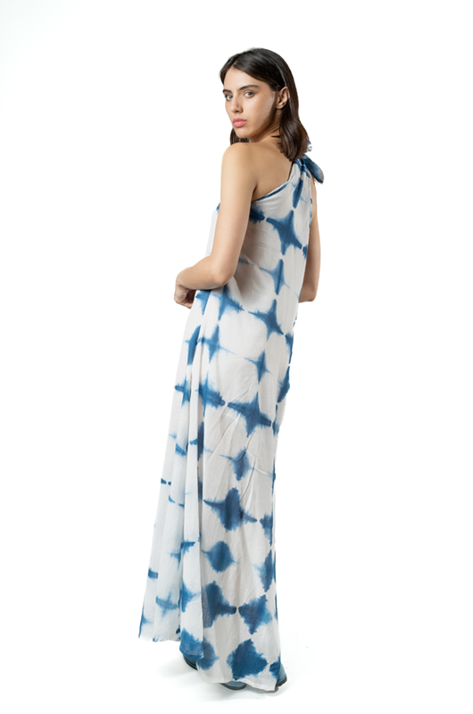 Back and side view of the asymmetric dress with indigo diamond tie-dye print.