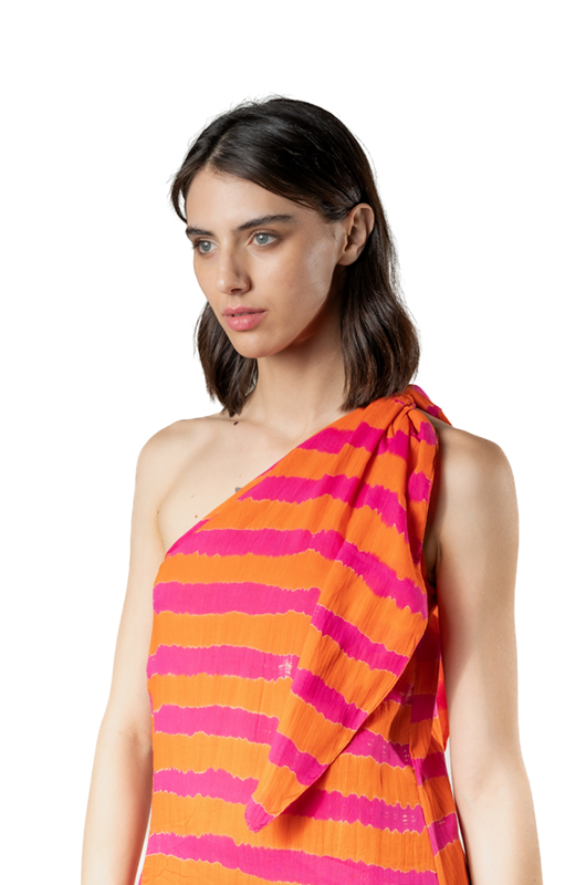 Close-up of the top front showcasing the tie detail on the shoulder of the striped dress.