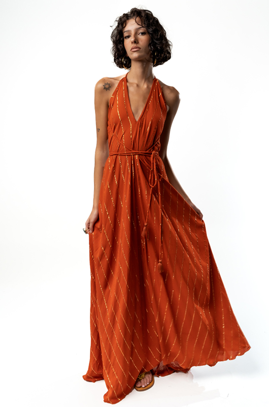Halterneck lurex maxi dress