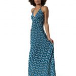 Women's boho halter maxi dress in blue diamond print, front view – summer beachwear