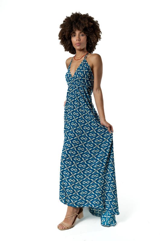 Women's boho halter maxi dress in blue diamond print, front view – summer beachwear
