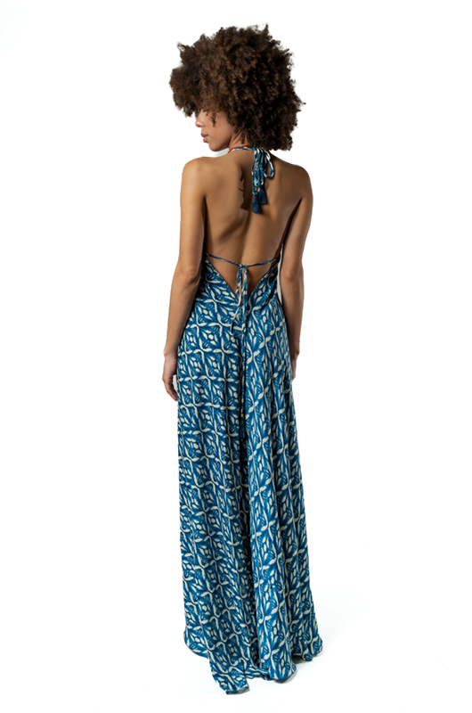 "Back view of bohemian blue diamond print halter maxi dress with open back