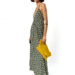 "Bohemian chic halterneck maxi dress in green diamond pattern, side view, lightweight fabric"