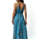 Back view of the turquoise tie-dye dress showing a V-shaped open back and a tie belt cascading down.