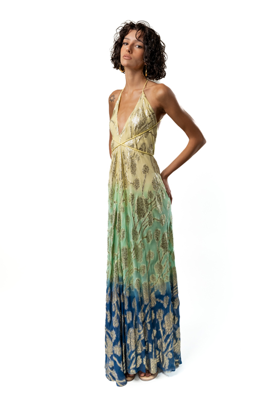 Sleeveless ombre halter maxi dress in yellow, green, and blue tones with metallic gold floral patterns, front view."