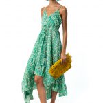 "Model wearing a sleeveless aqua green maxi dress with ikat print and V-neckline, styled with yellow sandals and a fringed yellow clutch."