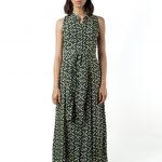 Front view of a sleeveless collared green maxi dress with beige diamond patterns and a waist tie.